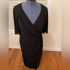 Maggy London size 16 black flutter sleeve, faux wrap dress